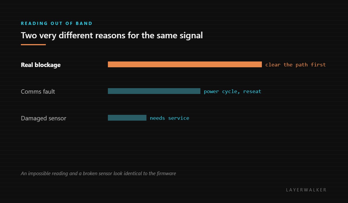 Two reasons for an out-of-band signal: a real blockage should be cleared first, a communications fault needs a power cycle and reseating, and a damaged sensor needs service.