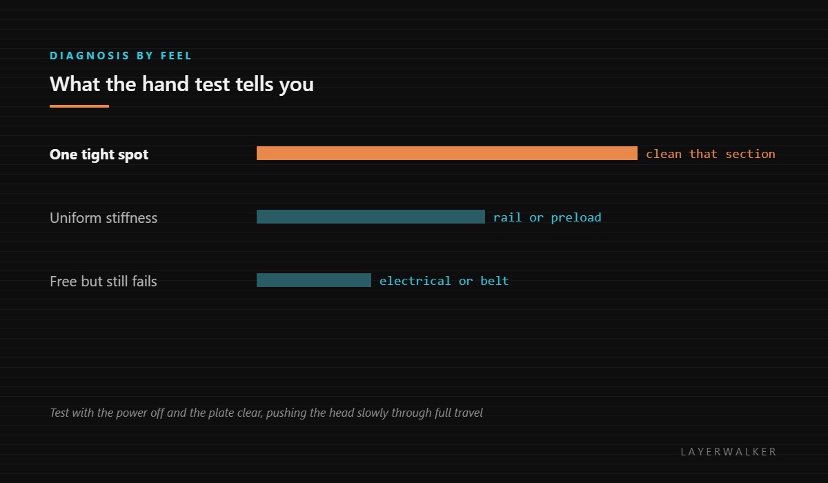What the hand test reveals: one tight spot means clean that section, uniform stiffness points at the rail or preload, and a free axis that still fails is electrical or belt related.