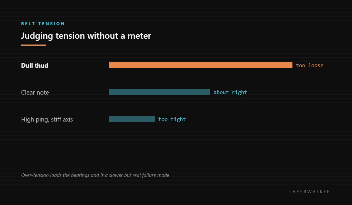 Judging belt tension by ear: a dull thud is too loose, a clear note is about right, and a high ping with a stiff axis is too tight.
