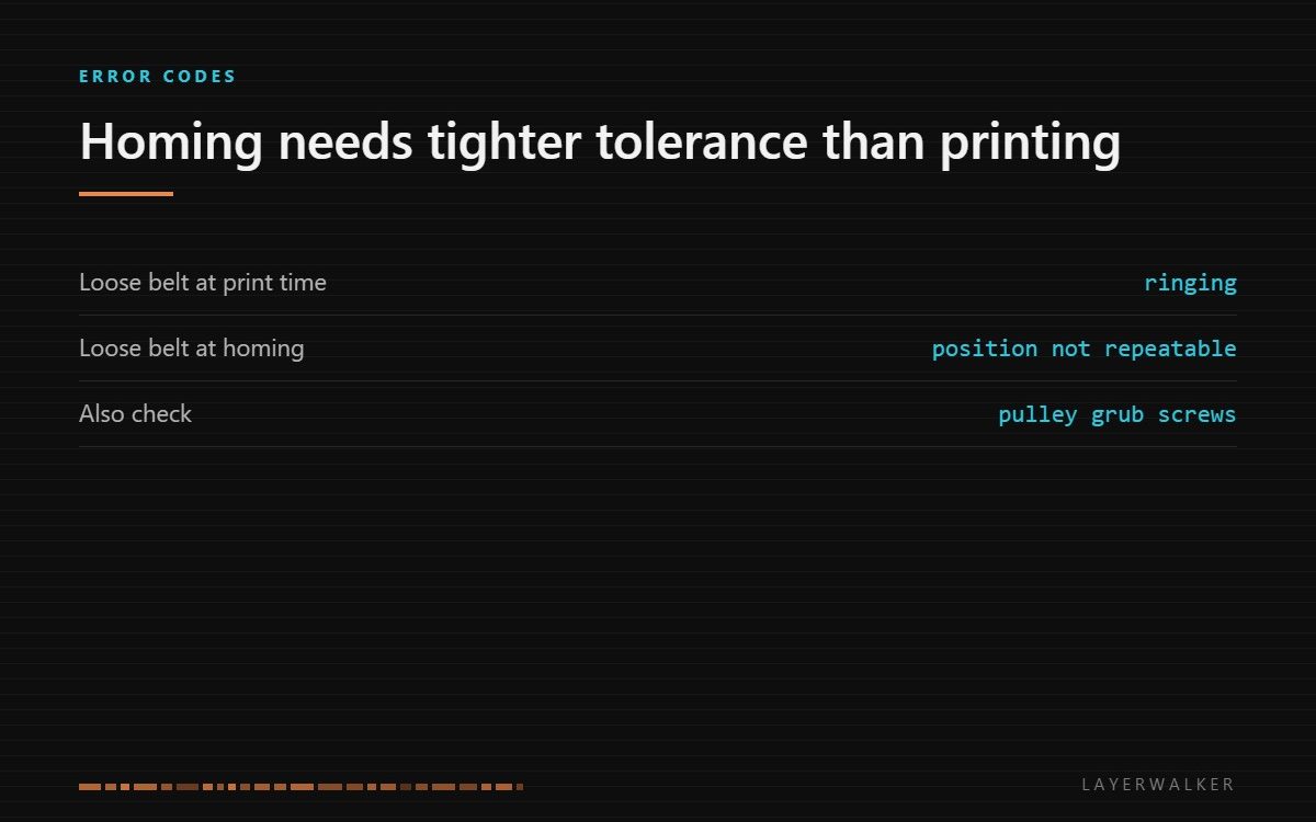 HMS 0300-2000-0001-0004: a loose belt shows as ringing while printing but makes the homing position unrepeatable, and pulley grub screws should also be checked.
