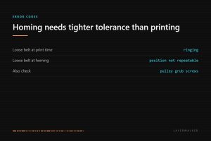 HMS 0300-2000-0001-0004: a loose belt shows as ringing while printing but makes the homing position unrepeatable, and pulley grub screws should also be checked.