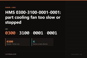 Bambu Lab HMS error code 0300-3100-0001-0001, module 0300 (Printer core), affecting 4 Bambu printer models.