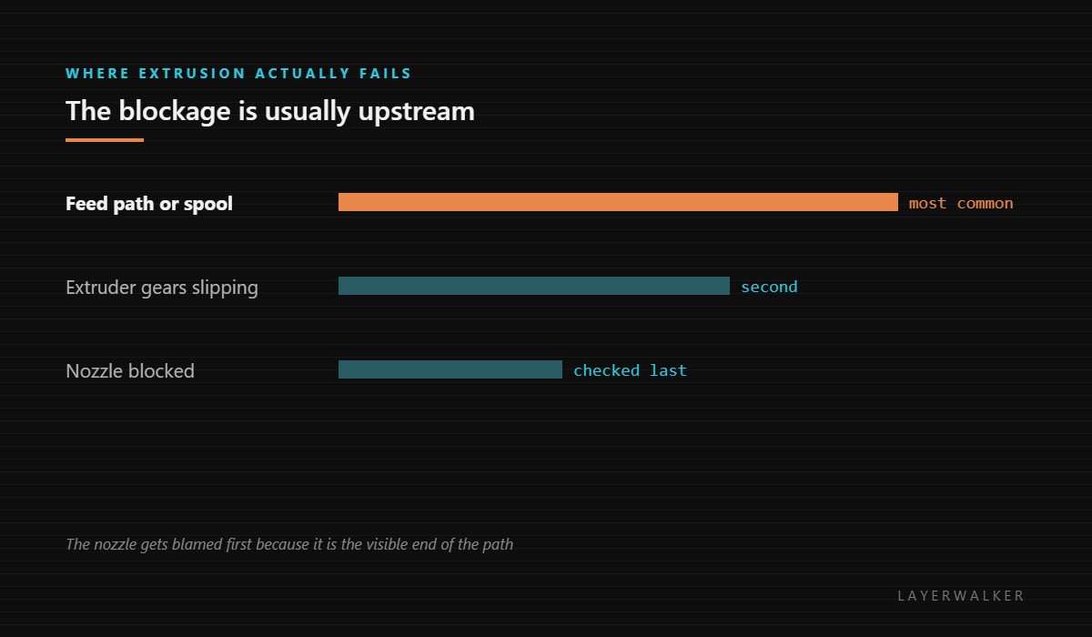 Where extrusion actually fails: the feed path or spool is most common, extruder gears slipping is second, and a blocked nozzle is checked last.