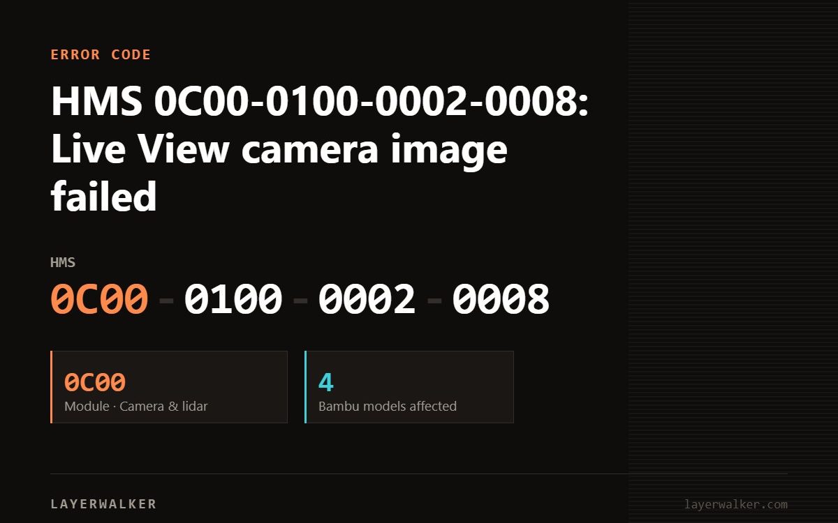 Bambu Lab HMS error code 0C00-0100-0002-0008, module 0C00 (Camera & lidar), affecting 4 Bambu printer models.