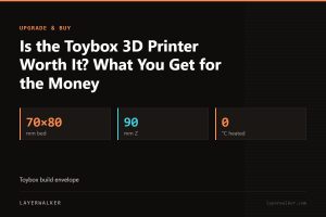 Key figures for Is the Toybox 3D Printer Worth It? What You Get for the Money: 70×80 mm bed, 90 mm Z, 0 °C heated.