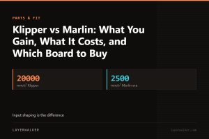 Key figures for Klipper vs Marlin: What You Gain, What It Costs, and Which Board to Buy: 20000 mm/s² Klipper, 2500 mm/s² Marlin era.