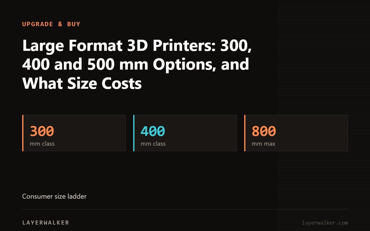 Key figures for Large Format 3D Printers: 300, 400 and 500 mm Options, and What Size Costs: 300 mm class, 400 mm class, 800 mm max.