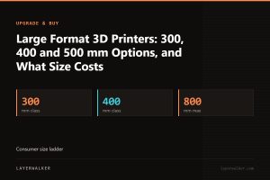 Key figures for Large Format 3D Printers: 300, 400 and 500 mm Options, and What Size Costs: 300 mm class, 400 mm class, 800 mm max.