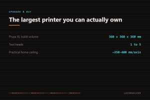 Largest 3D printers you can own: Prusa XL build volume 360 by 360 by 360 mm with one to five tool heads, and a practical home ceiling of about 350 to 400 mm per axis.