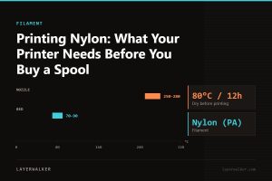 Temperature chart for Nylon (PA): nozzle 250 to 280 C, bed 70 to 90 C, dry at 80 C for 12 hours.