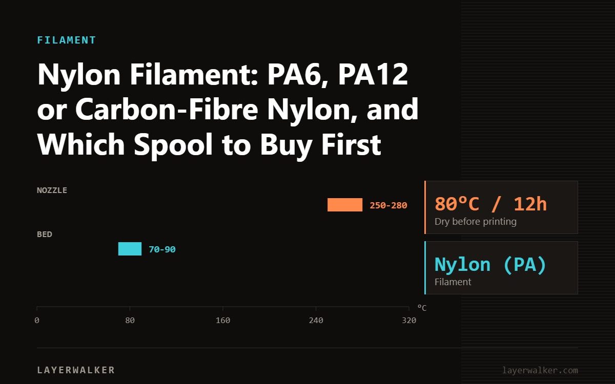 Temperature chart for Nylon (PA): nozzle 250 to 280 C, bed 70 to 90 C, dry at 80 C for 12 hours.