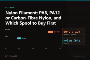 Temperature chart for Nylon (PA): nozzle 250 to 280 C, bed 70 to 90 C, dry at 80 C for 12 hours.