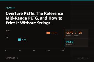 Temperature chart for PETG: nozzle 230 to 250 C, bed 70 to 85 C, dry at 65 C for 6 hours.