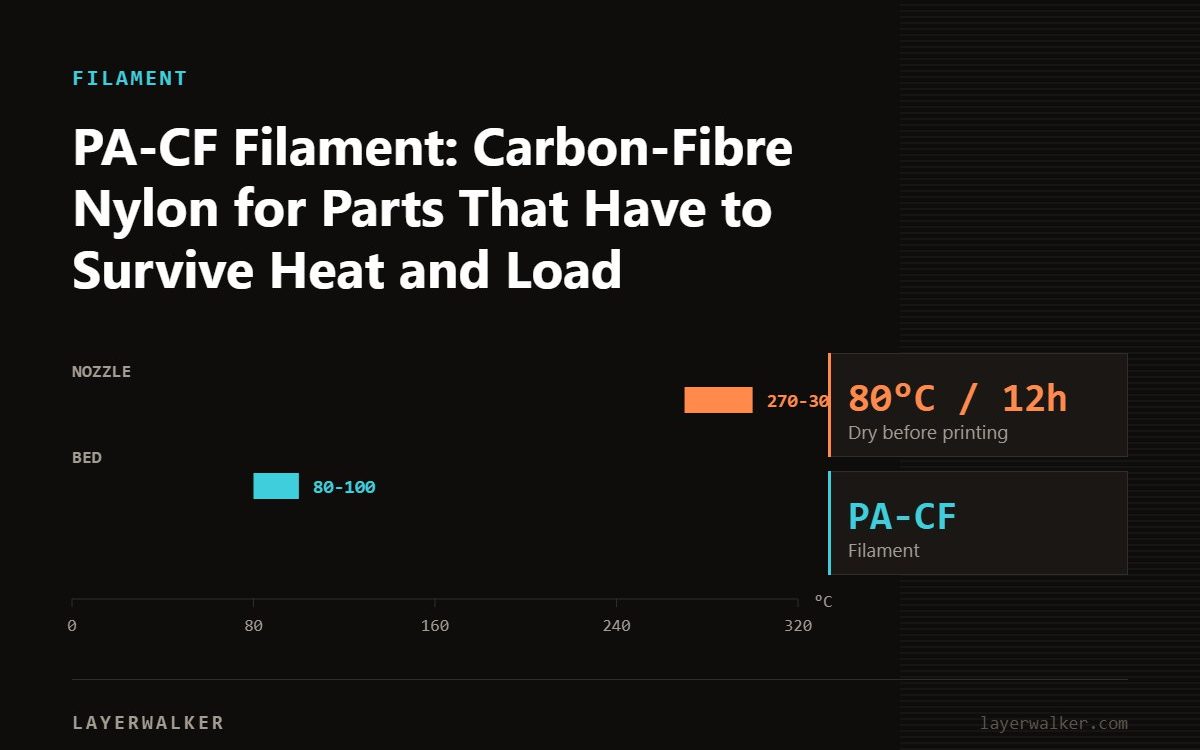 Temperature chart for PA-CF: nozzle 270 to 300 C, bed 80 to 100 C, dry at 80 C for 12 hours.