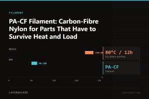 Temperature chart for PA-CF: nozzle 270 to 300 C, bed 80 to 100 C, dry at 80 C for 12 hours.