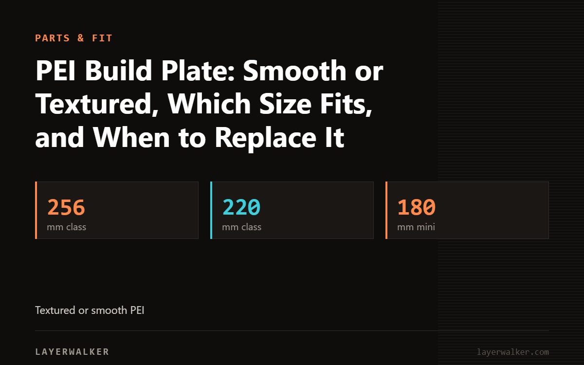 Key figures for PEI Build Plate: Smooth or Textured, Which Size Fits, and When to Replace It: 256 mm class, 220 mm class, 180 mm mini.