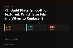 Key figures for PEI Build Plate: Smooth or Textured, Which Size Fits, and When to Replace It: 256 mm class, 220 mm class, 180 mm mini.