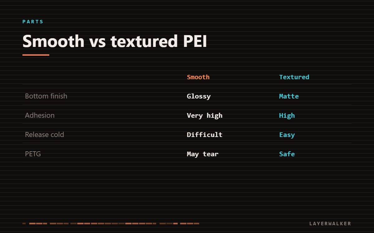 Smooth versus textured PEI build plate: smooth gives a glossy bottom with very high adhesion but can be difficult to release and may tear PETG; textured gives a matte bottom, high adhesion and easy release.