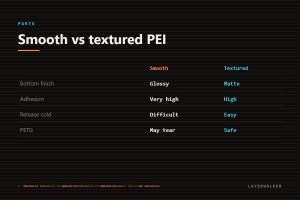 Smooth versus textured PEI build plate: smooth gives a glossy bottom with very high adhesion but can be difficult to release and may tear PETG; textured gives a matte bottom, high adhesion and easy release.
