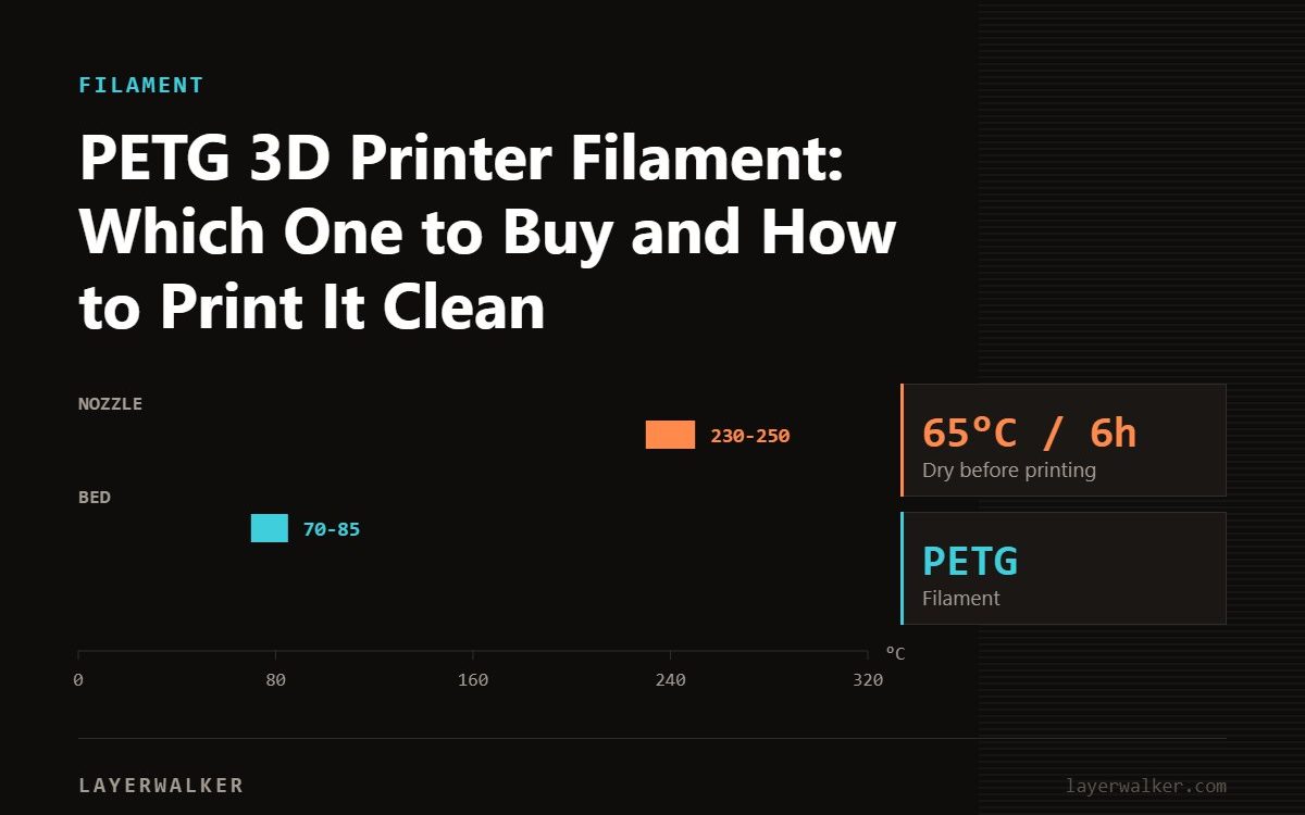 Temperature chart for PETG: nozzle 230 to 250 C, bed 70 to 85 C, dry at 65 C for 6 hours.