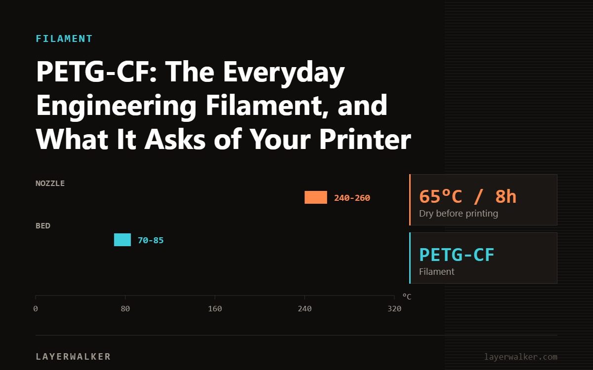 Temperature chart for PETG-CF: nozzle 240 to 260 C, bed 70 to 85 C, dry at 65 C for 8 hours.