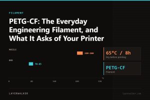 Temperature chart for PETG-CF: nozzle 240 to 260 C, bed 70 to 85 C, dry at 65 C for 8 hours.