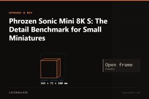 Diagram: Sonic Mini 8K S build volume 165 by 72 by 180 mm, shown against a 256 mm class reference, with max nozzle n/a C and max bed n/a C.