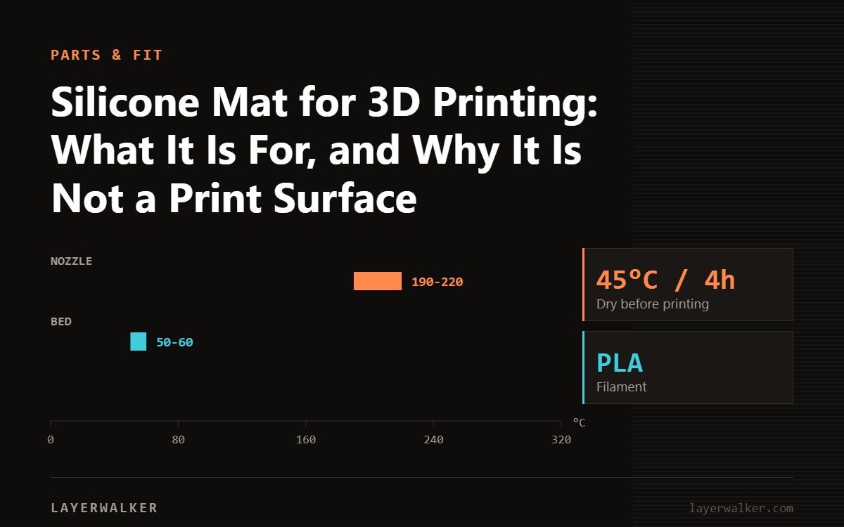Temperature chart for PLA: nozzle 190 to 220 C, bed 50 to 60 C, dry at 45 C for 4 hours.