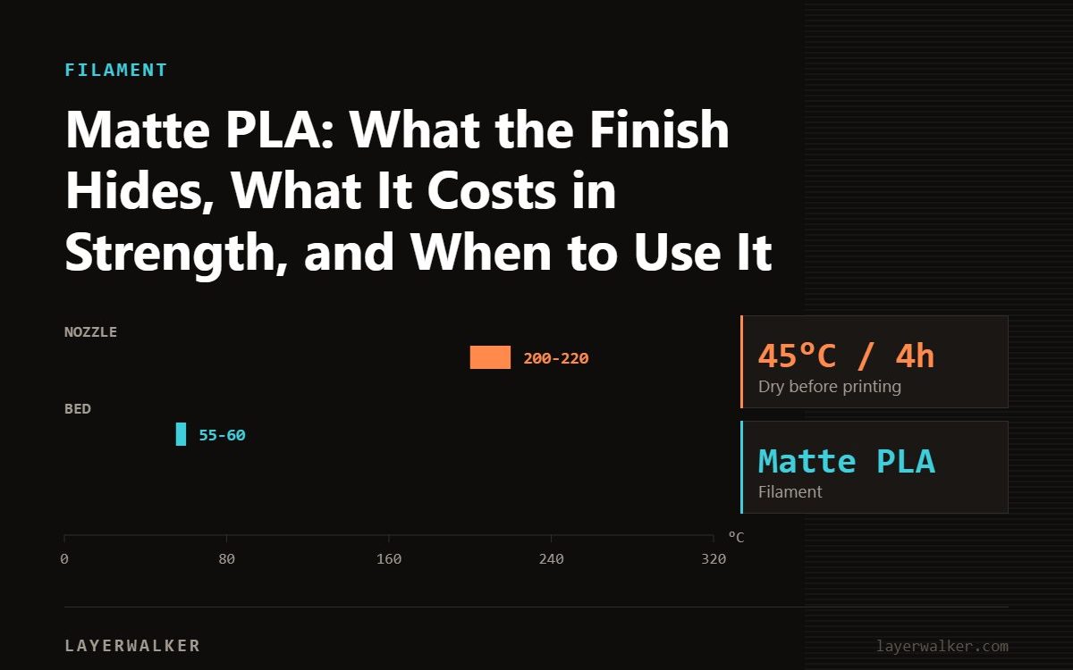 Temperature chart for Matte PLA: nozzle 200 to 220 C, bed 55 to 60 C, dry at 45 C for 4 hours.