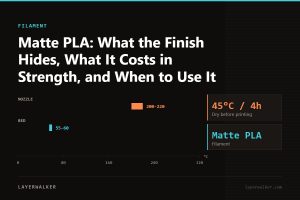 Temperature chart for Matte PLA: nozzle 200 to 220 C, bed 55 to 60 C, dry at 45 C for 4 hours.