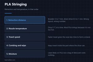 PLA Stringing — Retraction and temperature, in that order