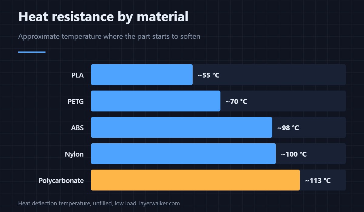 Where each material starts to soften. Polycarbonate holds its shape well past the point where PLA has already sagged.