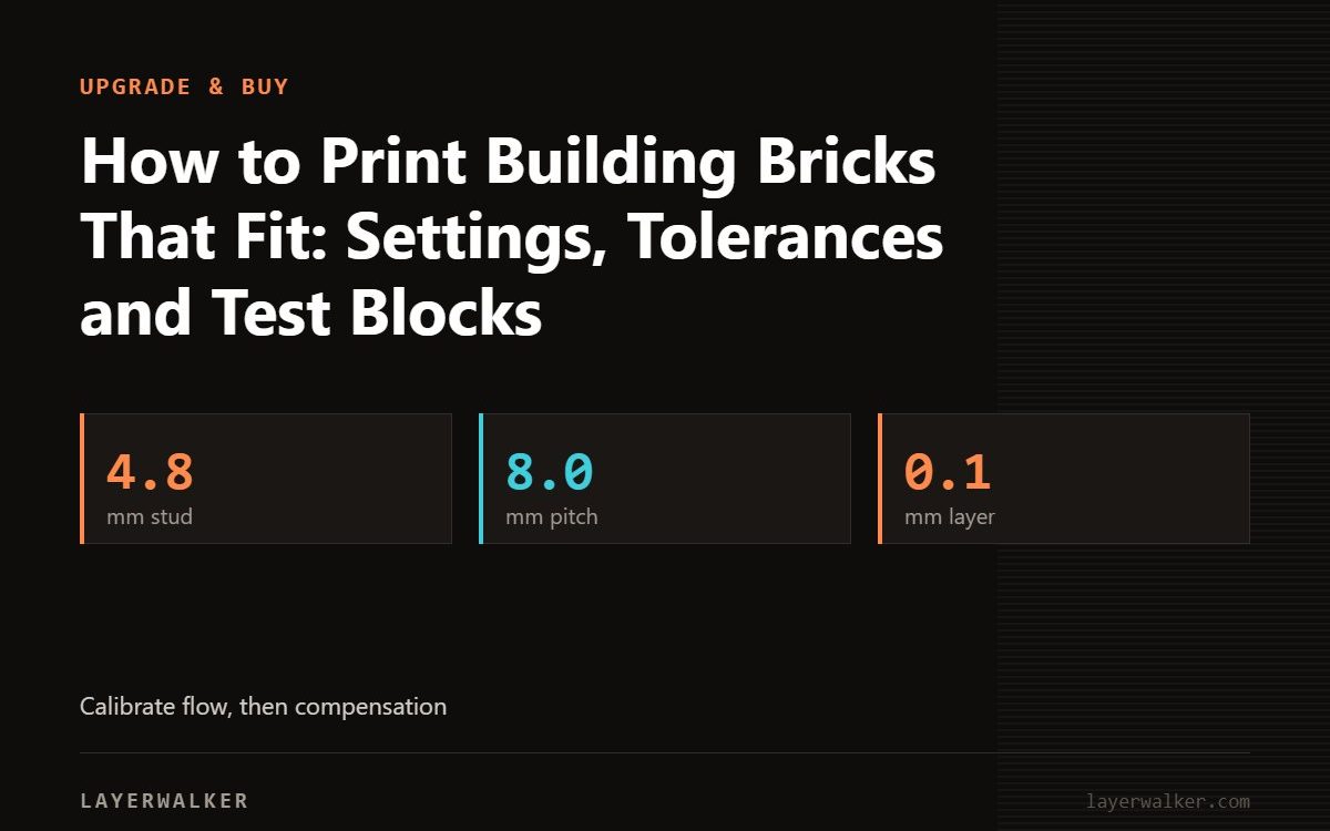 Key figures for How to Print Building Bricks That Fit: Settings, Tolerances and Test Blocks: 4.8 mm stud, 8.0 mm pitch, 0.1 mm layer.