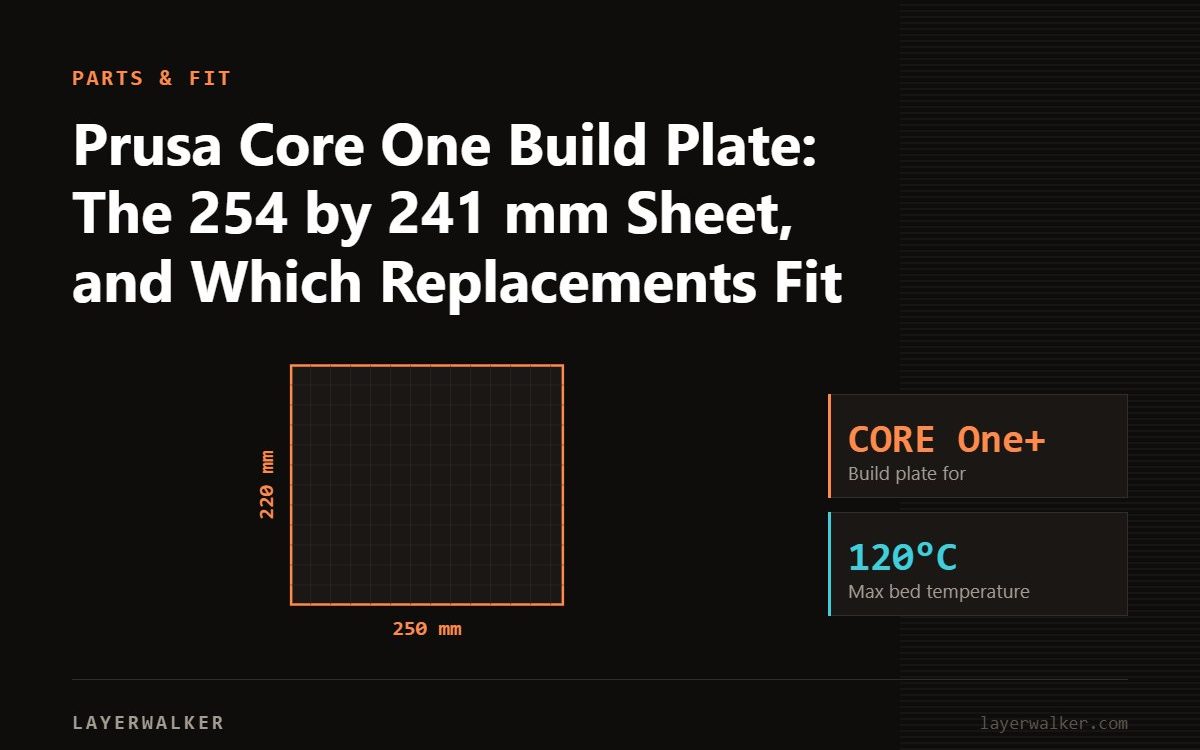 Diagram: build plate for the CORE One+, 250 by 220 mm, max bed temperature 120 C.