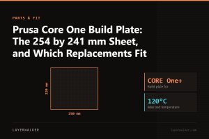 Diagram: build plate for the CORE One+, 250 by 220 mm, max bed temperature 120 C.