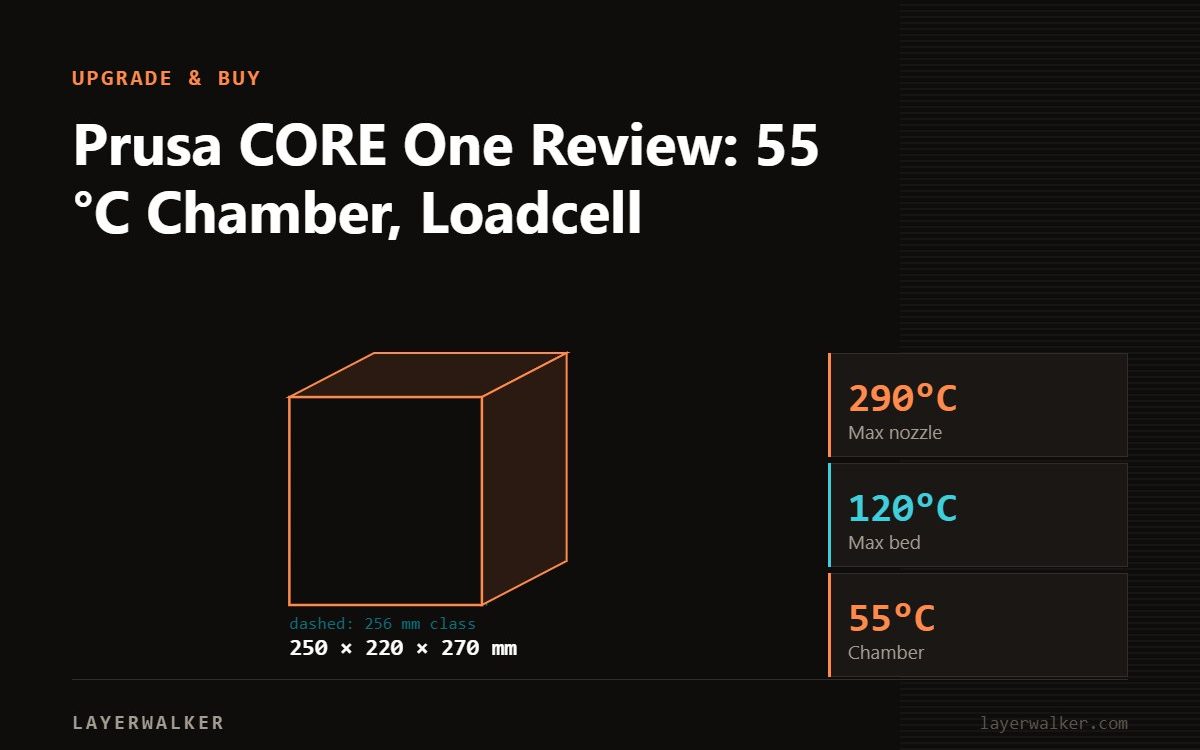Diagram: CORE One+ build volume 250 by 220 by 270 mm against a 256 mm class reference, with max nozzle 290 C and max bed 120 C.