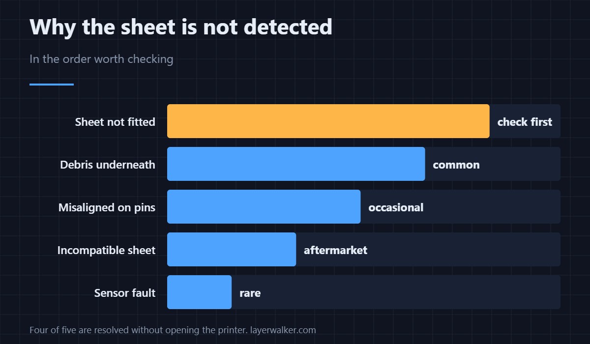 Why the sheet is not detected, in the order worth checking. Four of five are resolved without opening the printer.