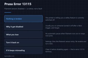 Prusa Error 13115 — Filament sensors disabled — a notice, not a fault