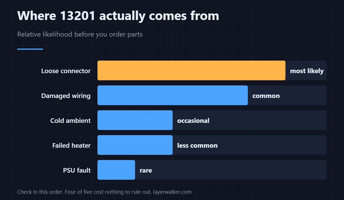 Relative likelihood of each cause. Four of the five cost nothing to rule out, so check in this order.