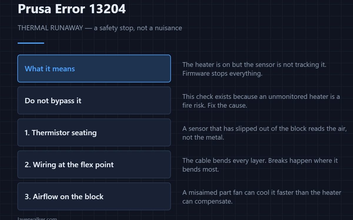 Prusa Error 13204 — THERMAL RUNAWAY — a safety stop, not a nuisance