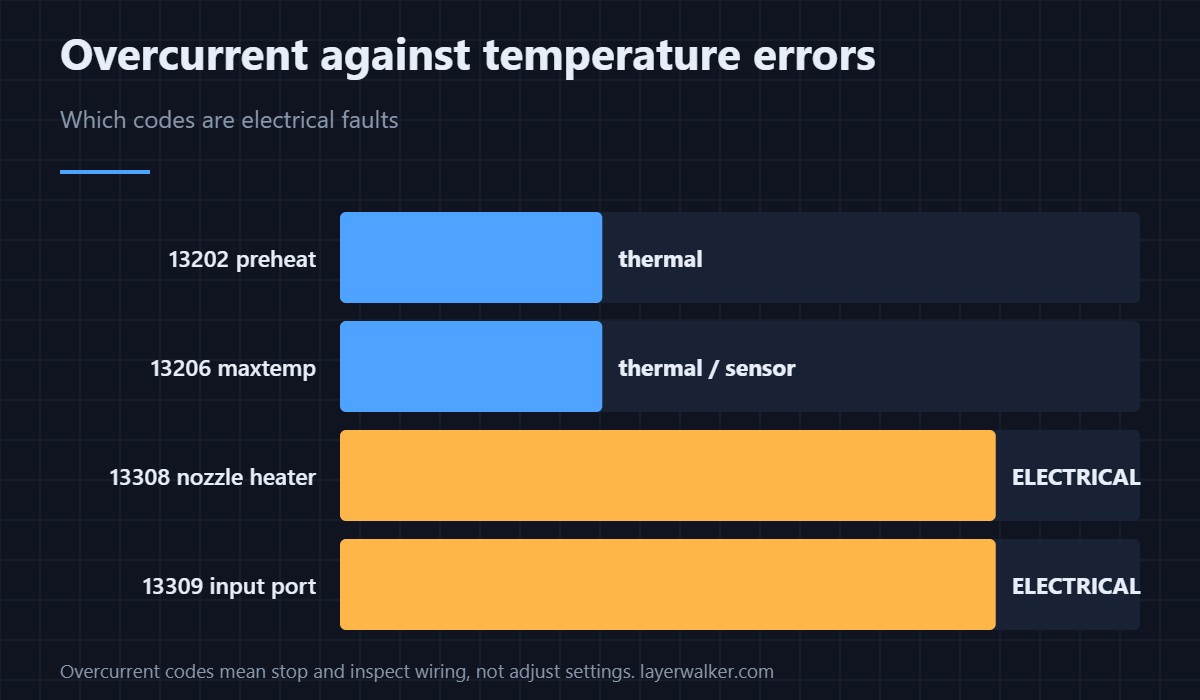 Which codes are electrical rather than thermal. Overcurrent means stop and inspect wiring, not adjust settings.