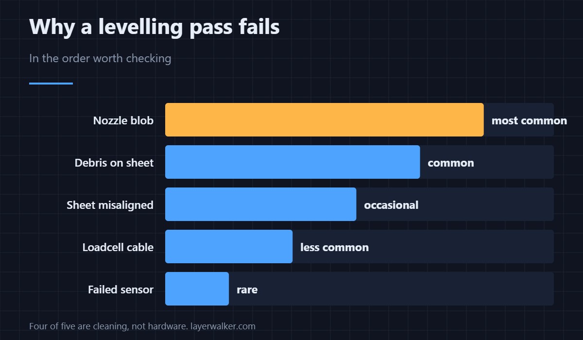 Why a levelling pass fails, in the order worth checking. Four of the five are cleaning rather than hardware.