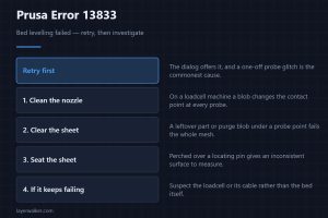 Prusa Error 13833 — Bed levelling failed — retry, then investigate