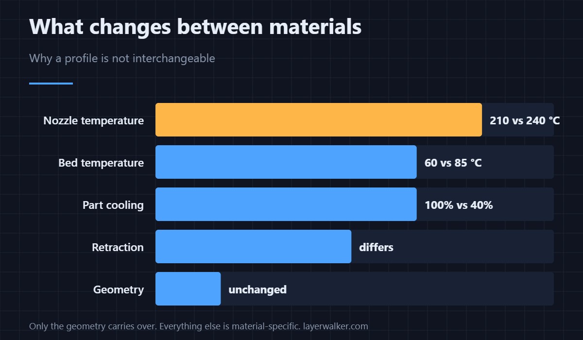 What changes between materials. Only the geometry carries over — everything else in a profile is material-specific.