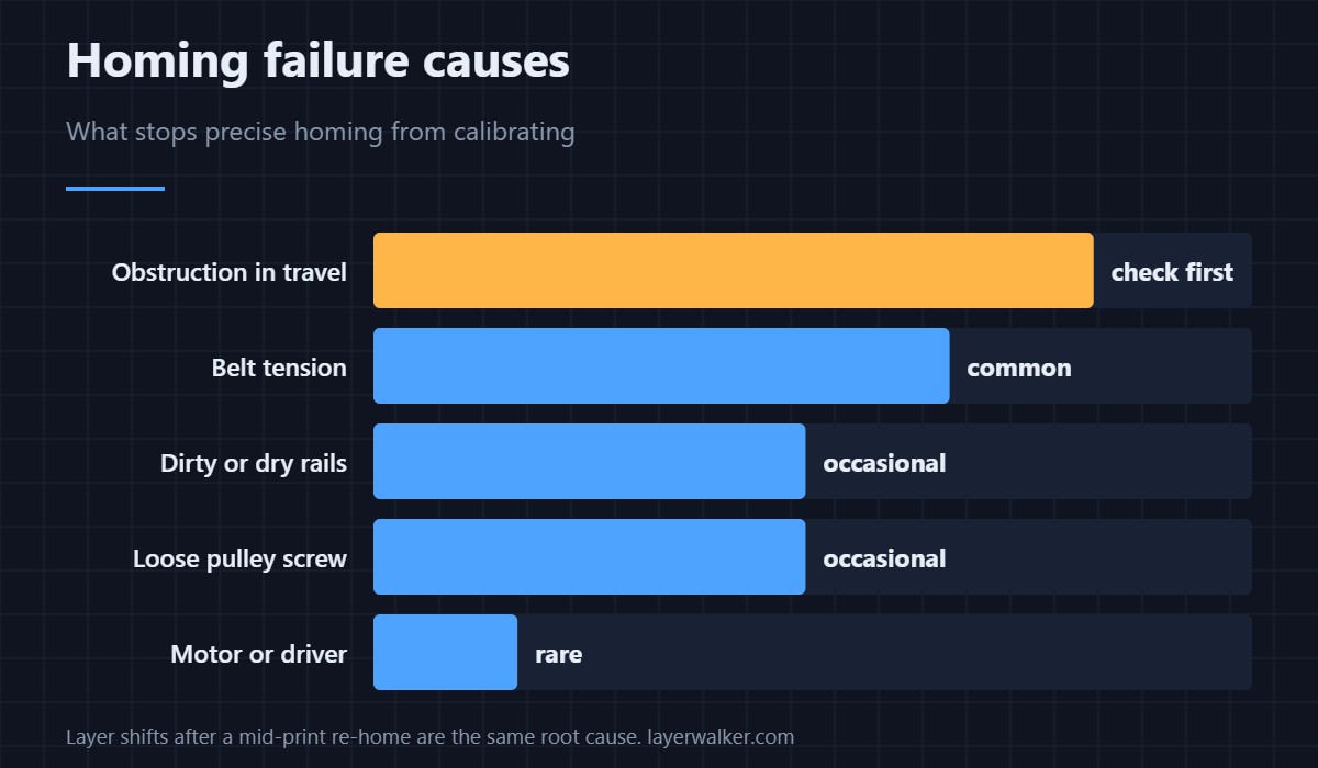 What stops precise homing from calibrating. Layer shifts after a mid-print re-home have the same root cause.