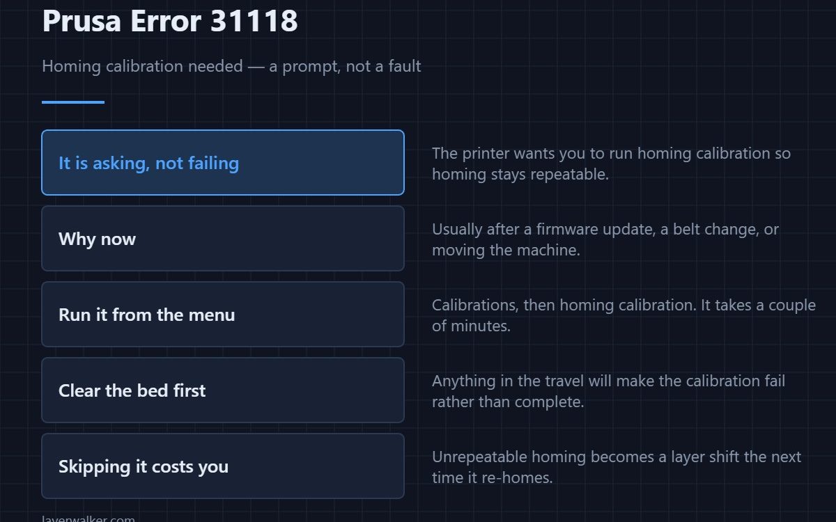 Prusa Error 31118 — Homing calibration needed — a prompt, not a fault