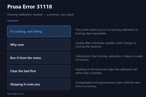 Prusa Error 31118 — Homing calibration needed — a prompt, not a fault