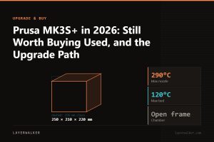 Diagram: MK4S build volume 250 by 210 by 220 mm, shown against a 256 mm class reference, with max nozzle 290 C and max bed 120 C.