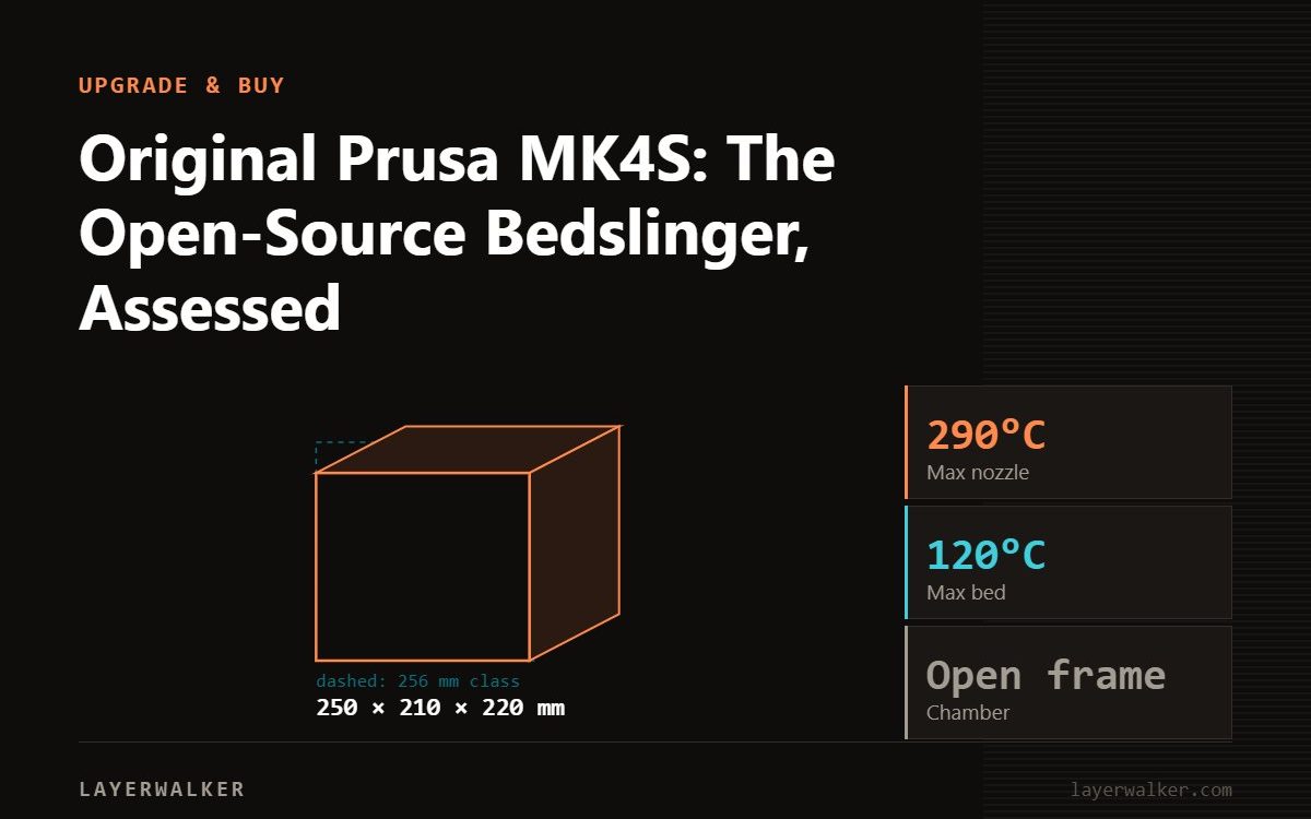 Diagram: MK4S build volume 250 by 210 by 220 mm, shown against a 256 mm class reference, with max nozzle 290 C and max bed 120 C.