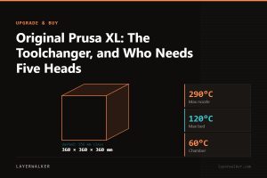 Diagram: XL+ build volume 360 by 360 by 360 mm, shown against a 256 mm class reference, with max nozzle 290 C and max bed 120 C.